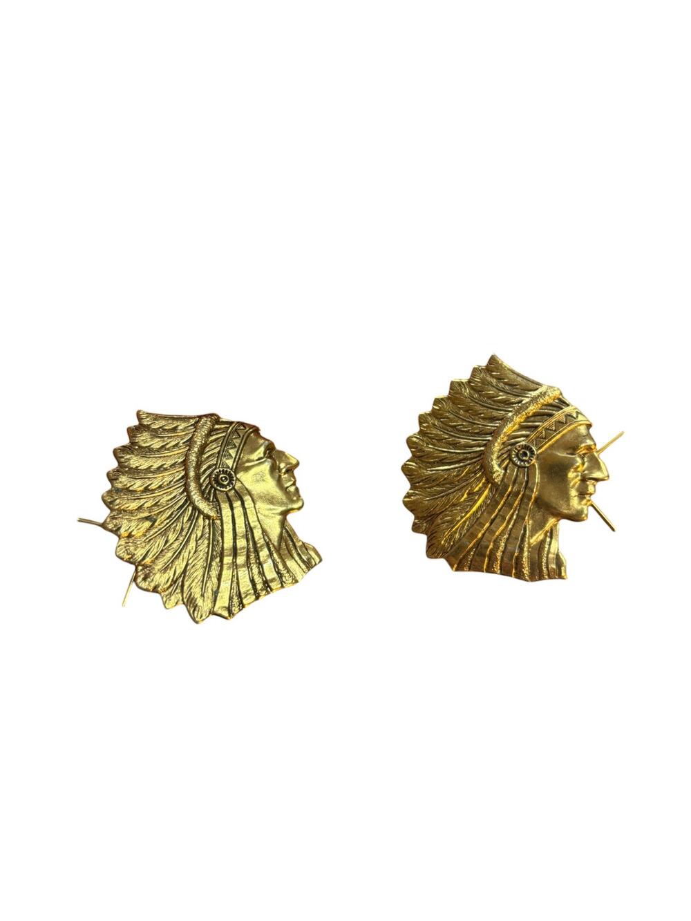 Vintage Native American Chief Barrette Pair Gold Tone Hair Clips Headdress